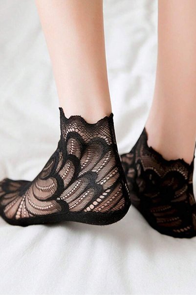 Pogi Lace Women's Lace Socks Transparent Thin Tulle Short Socks Flexible Black Daily Use
