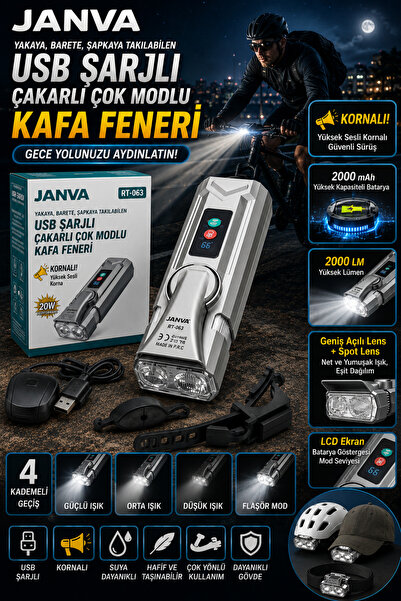 Janva SM-1710 Şarjlı Bisiklet Farı ve Kornası | 2000mAh, LCD Ekranlı, Profesy...