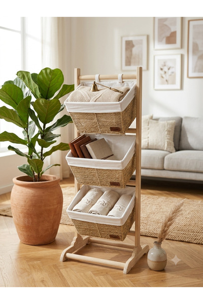 Binshihon Home Wooden Triple Organizer and Storage Stand with Wicker Baskets ...