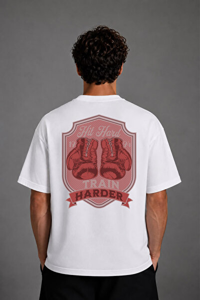 VSRN Harder Boxing Design Back Printed White Oversize T-Shirt