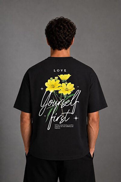 VSRN Tricou negru supradimensionat cu imprimeu pe spate, design „First Yourself”