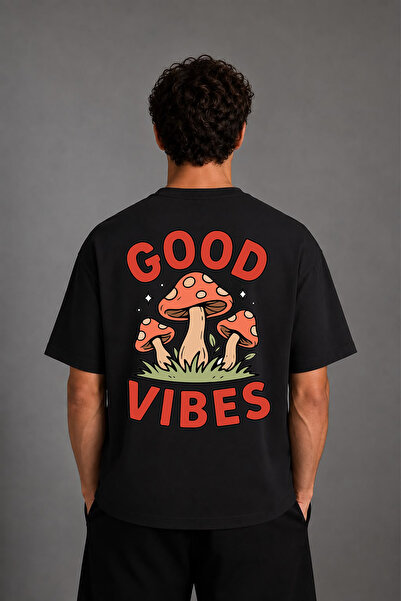 VSRN Mantar Good Vibe Design Back Printed Black Oversize T-Shirt
