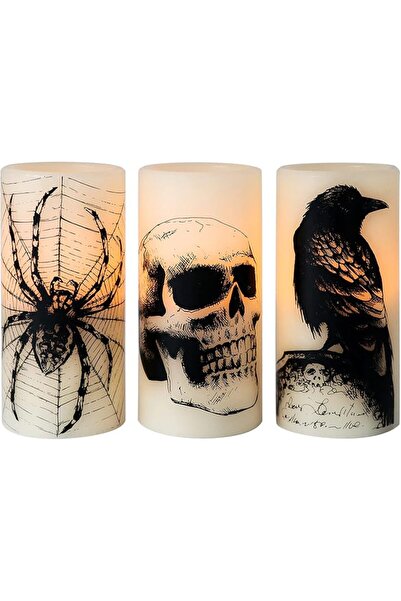 Eldnacele Halloween Flickering Candles with Skull, Spider Web, Crow Raven Dec...