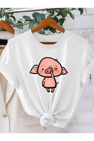 2BIR Cute Pig, Women's Cartoon Animal Design, Pure Cotton T-Shirt, Spring Sum...