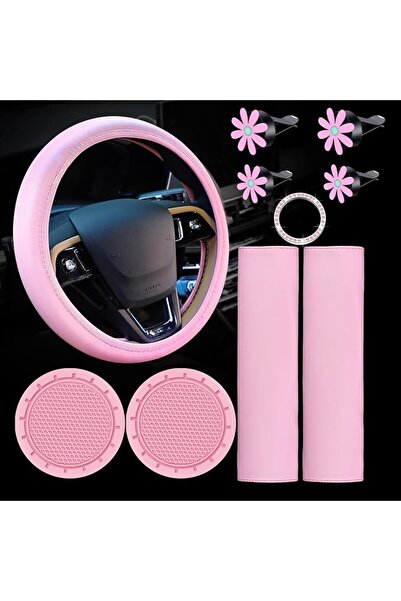 Frienda 10 Pc Pink Leather Steering Wheel Cover Set - With Seat Belt Pads, Cu...