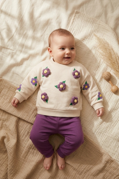 Babydonat طقم أطفال من قطعتين من القطن، سويت شيرت كريمي بنقشة زهور ديزي بلوم ...