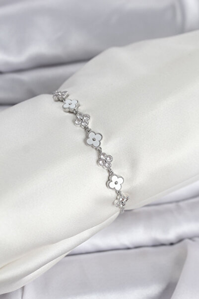 callerrons accessories Silver Color Zircon Stone Row Clover Model Elevator Wo...