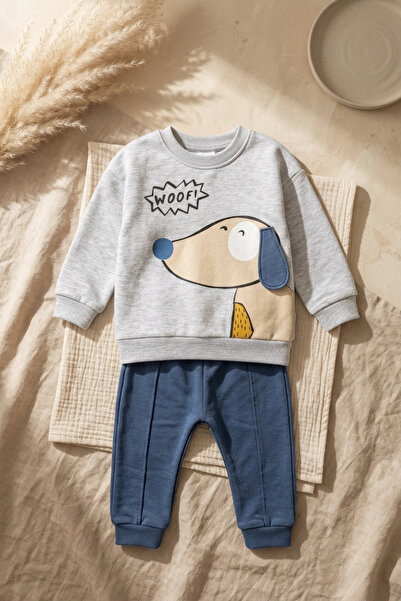 Babydonat Pawsy Cotton Köpek Figürlü 2'li Bebek Takımı - Pamuklu Gri Sweatshirt Ve Lacivert Pantolon Seti