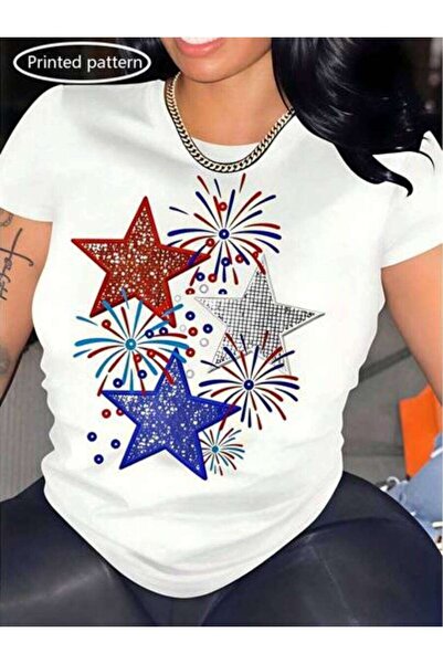 23ERVA Casual Style, Women's T-Shirt, Patriotic Stars And Fireworks Design, S...