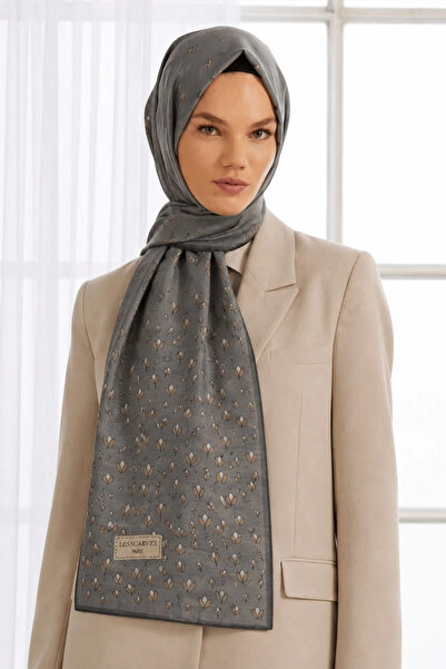 Lesscarves Desenli Pamuk İpek Şal LS2302 Çiçekli Desen 05-Antrasit