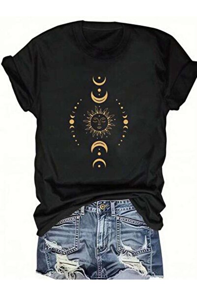 23ERVA Sun And Moon, Women's Celestial Pattern, Pure Cotton T-Shirt, Summer W...