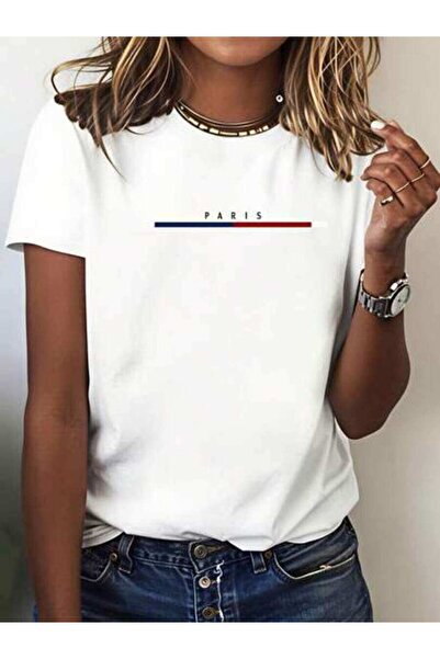 23ERVA Women's Paris Text Design, Pure Cotton T-Shirt, Casual Summer Wear, Pe...