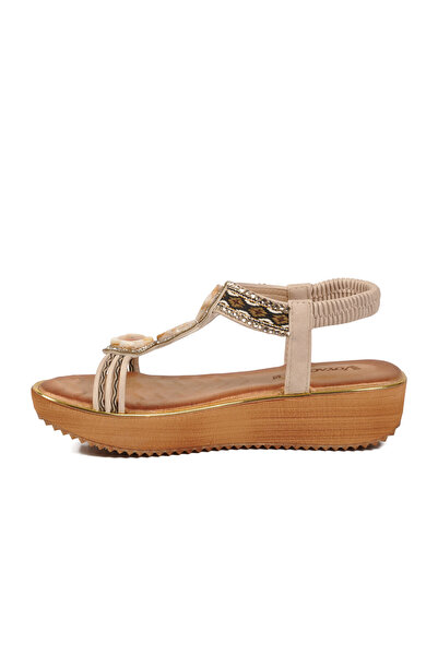Voyager Women's Beige Wedge Heeled Sandals with Stone Detail and Ankle Strap,...