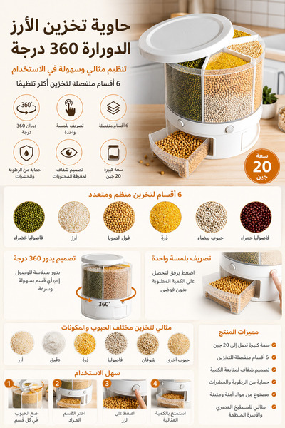 Yallabena حاوية تخزين الأرز الدوارة 360 درجة سعة 20 جين، دلو أرز شفاف كبير ال...