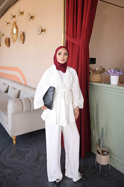 İmajButik Ecru Waist-Tie Jacket and Trousers Set