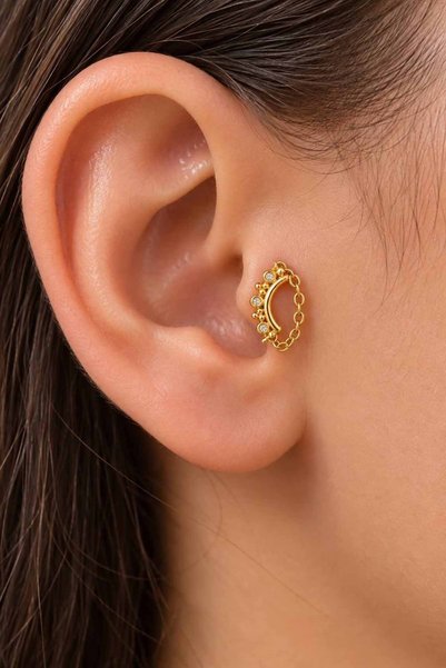 TAKIŞTIR Altın Renk Sallantılı Taşlı Cerrahi Çelik Tragus/Kıkırdak Küpe/Pierc...