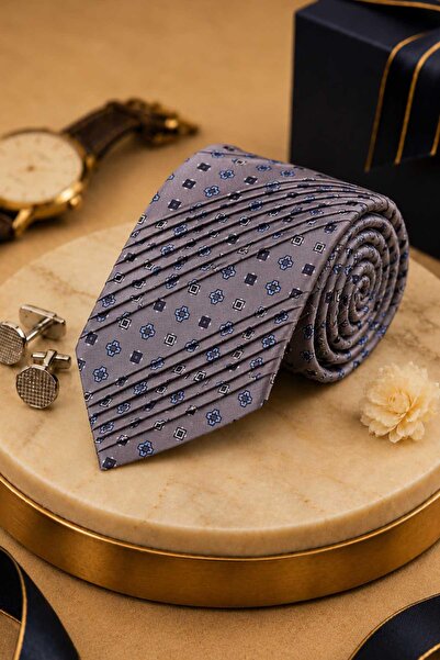 Kravatkolik Gray Motif Pattern Italian Silk Pleated Tie Est220