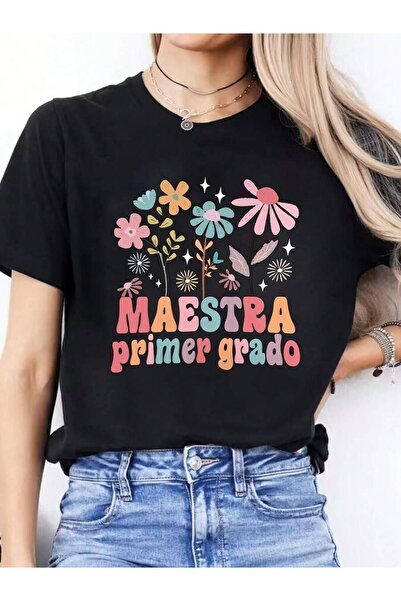 26LIK تي شيرت نسائي بتصميم "Maestra Primer Grado" - تصميم زهري نابض بالحياة، ...