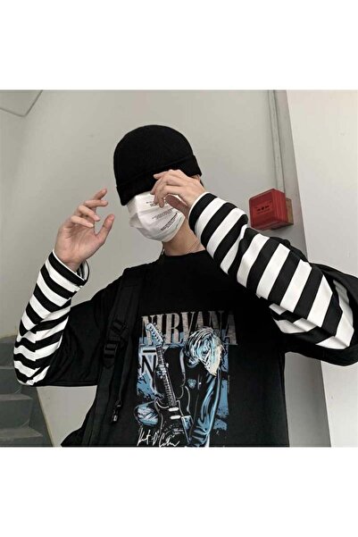 DEEFWEAR تي شيرت أسود للجنسين مطبوع عليه ملصق نيرفانا بأكمام وهمية
