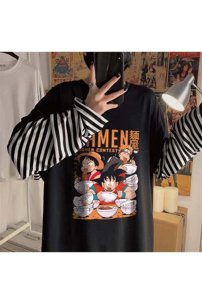 DEEFWEAR تي شيرت أسود للجنسين مطبوع عليه ملصق أنيمي من MINGALONDON