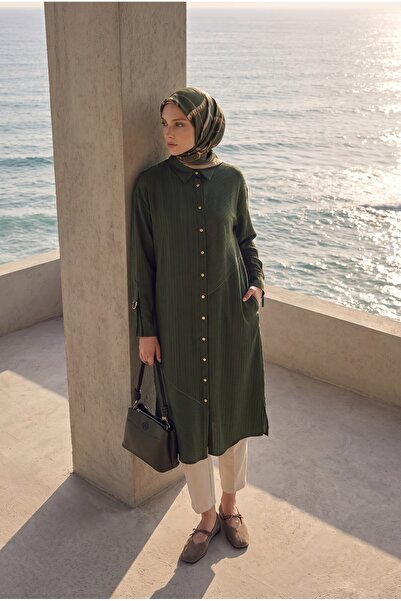 Armine TREND Doğal Kumaş Asimetrik Dikiş Detaylı Gömlek Yaka Tunik 118 cm Boy...