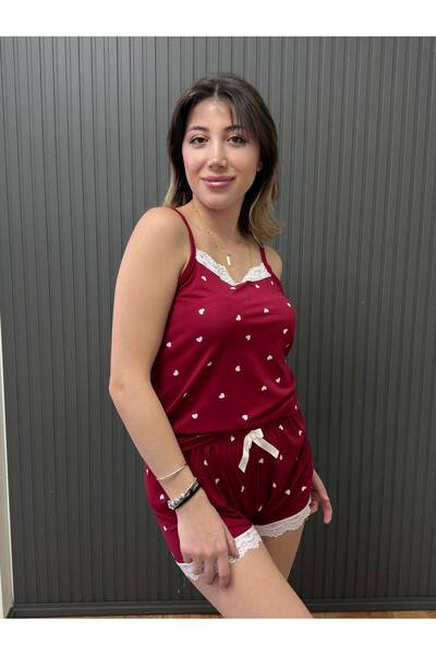 BUTİK PİCAMA Kadın Bordo Kalp Desenli İnce Askılı Dantelli Şortlu Pijama Takımı