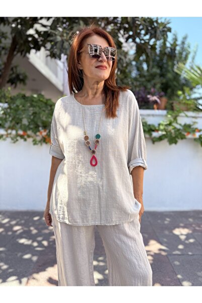 DenizEge Italian Cotton - Linen Textured Blouse with Pendant Stone