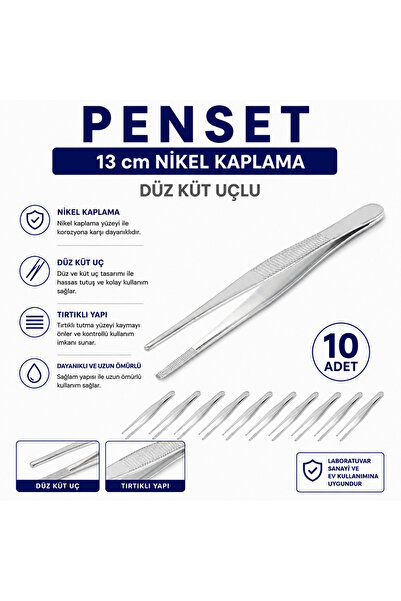 Labolist Penset Düz Küt Uçlu 13 Cm Nikel Kaplama 10 Adet