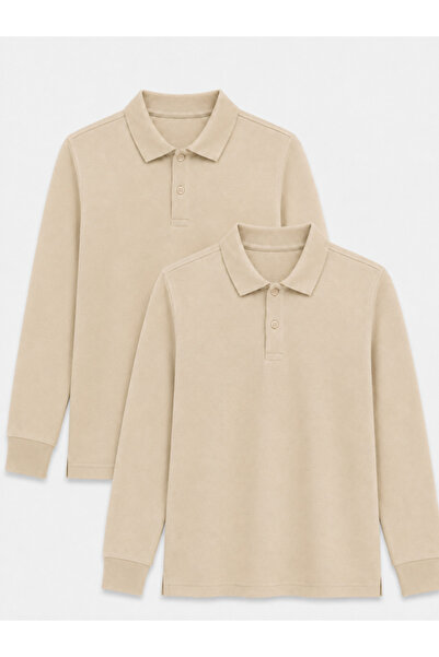 ROZELT 2-Pack Cotton Long Sleeve Polo School T-Shirts - Beige