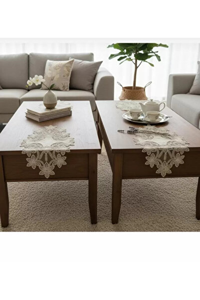 CB.B. TÜRK İŞİ HOME Selena Model Cream Dowry Lace Linen Tablecloth Runner Set...