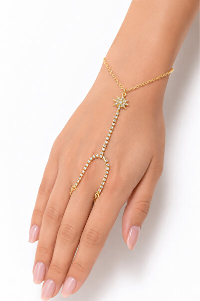 Hayalperest boncuk Gold Color Stone Star Detailed Shahmeran Women's Hand Acce...