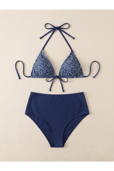 TEMSSHOP Premium Navy Blue Striped Gathering High Waist Bikini Set with Detachable Front Bow Detail 2026 Season