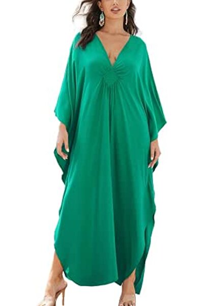YouKD Women's Solid Color Bohemian Kaftan Dress Beach Cover Ups Plus Size Bat...