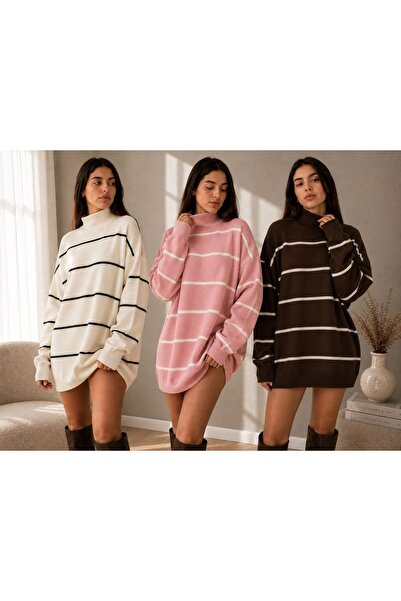 DepoExport Women's 3-Piece Striped Knitwear Sweater Oversize Loose Design
