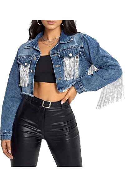 Generic Women’s Crop Denim Jacket Tassel Casual Jean Coat with Fringe Cowgirl...