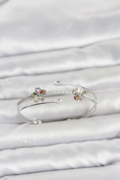 SORA GROUP Silver Color Brass Zircon Stone Flower Model Women's Bracelet