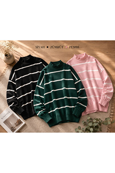 DepoExport Women's 3-Piece Striped Knitwear Sweater Oversize Loose Design