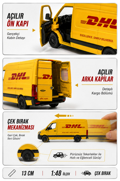 YILDIRIM OYUNCAK Die Cast Mercedes Benz Sprinter DHL Kargo Arabası 13cm – 1:48 Ölçek Metal Gövdeli Açılır Kapılı Çek Bırak Koleksiyon Model Araba
