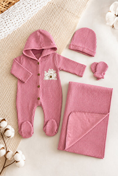 İZYALİF BABY Baby Girl Waffle Honeycomb Fabric Jumpsuit Buttoned 4-Piece Hosp...