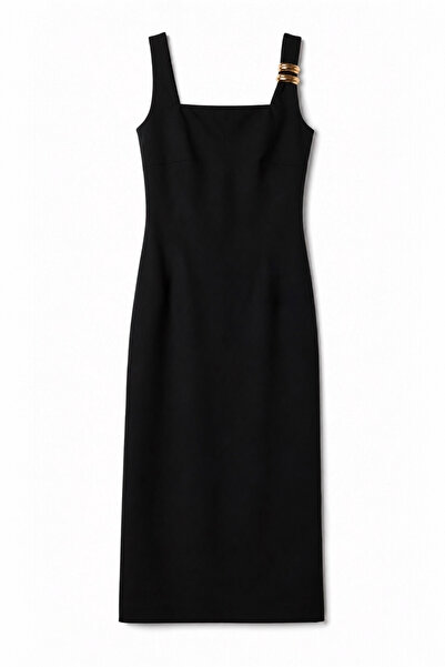 FEG STORE Women's Square Collar Buckle Detailed Strap Viscose Midi Black Dress