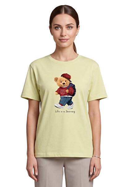 DK DAKSEL Women's Yellow Teddy Bear Printed T-Shirt Life Is a Journey Comfort...