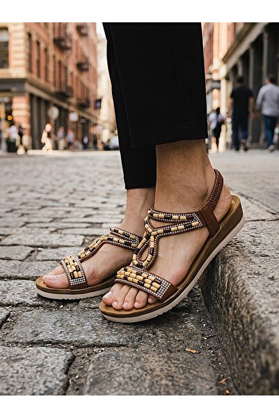 KAFKASLAR AYAKKABI Beaded Embroidered Elastic Flat Sole Anatomical Women's Da...