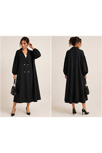 Generic Women’s Black Double-Breasted Long Coat with Lapel Collar