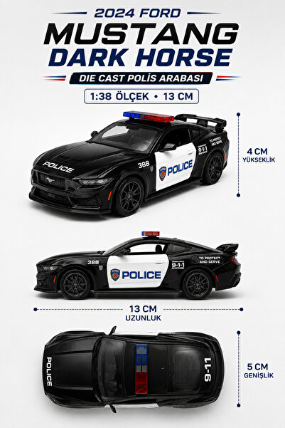 YILDIRIM OYUNCAK Die Cast 2024 Ford Mustang Dark Horse Polis Arabası 13cm – 1:38 Ölçek Metal Gövdeli Açılır Kapılı Çek Bırak Koleksiyon Model Araba