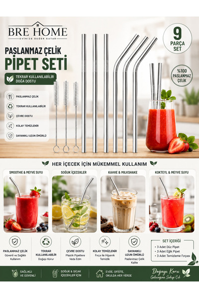 BRE HOME 9 Parça Paslanmaz Çelik Pipet Seti 3 Düz 3 Eğik Pipet 3 Temizleme Fı...