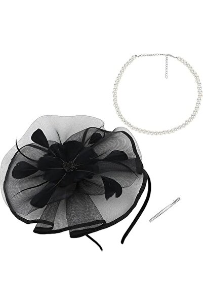 Tazweeq Fascinators Hats for Women, Pearl Flower Mesh Feather Headband, Black...