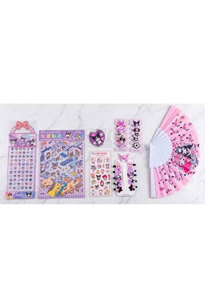GLOWILLA Kuromi Seti – Sticker, Ayna, Toka ve Yelpaze Seti