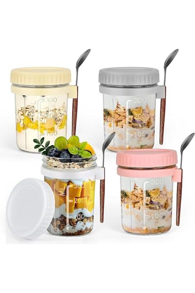 HOOPZOZA 4 Pack Glass Jars Overnight Oats Container with Lid and Spoon Overni...