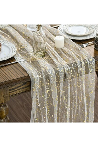 Artoid Mode Blue Gold Glitter Gauze Table Runner, 25x120 Inch Sheer Cheeseclo...