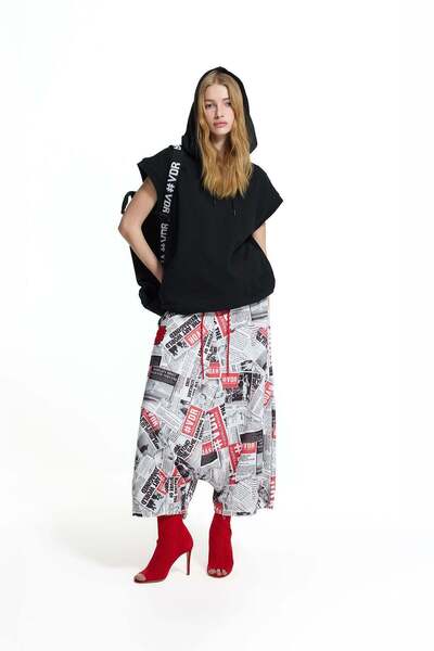 #vdr viadellerose White Black Newspaper Printed Double Elastic Waist Lace-Up ...